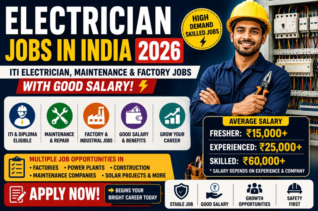 Electrician Jobs in India 2026: ITI, Maintenance, Factory Jobs, Salary and How to Apply